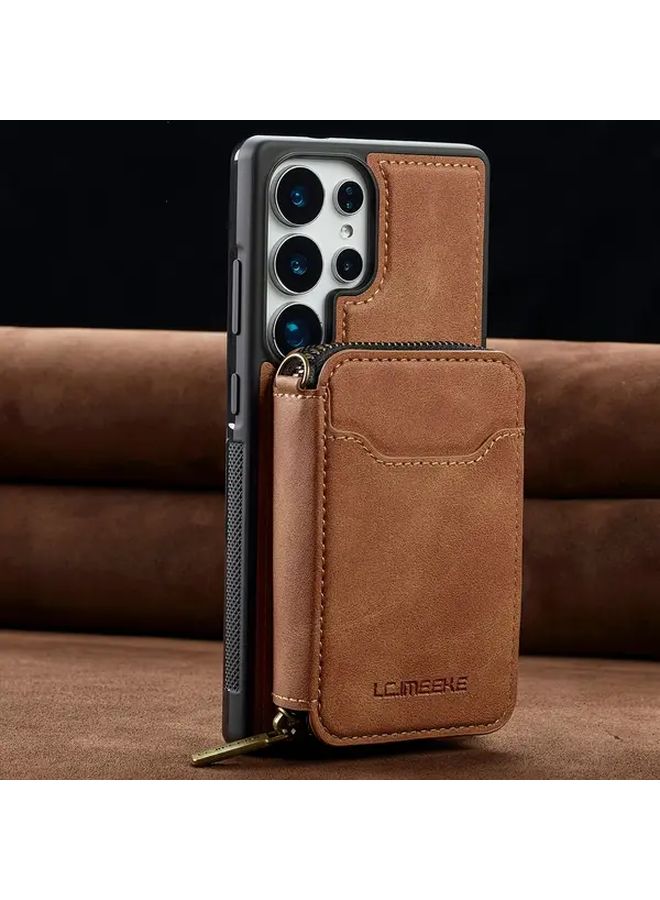 Galaxy S25 FE Wallet Case Coffee Color Magnetic Detachable Kickstand Shockproof Cover - Image 3